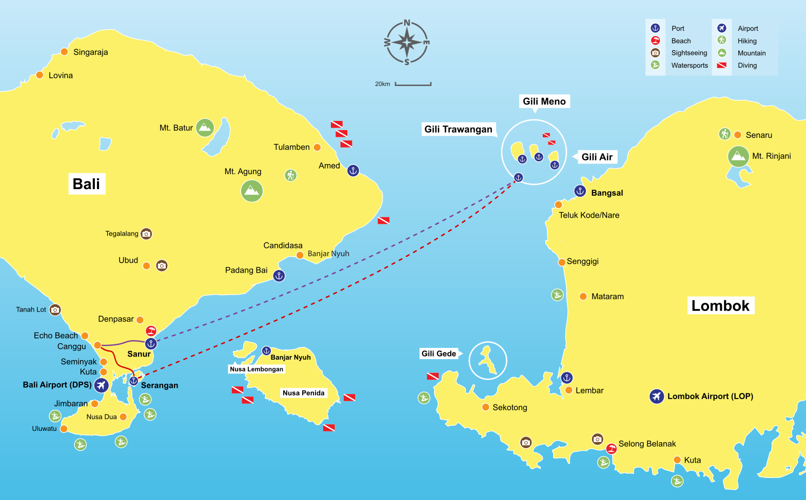 Canggu to Gili Islands map