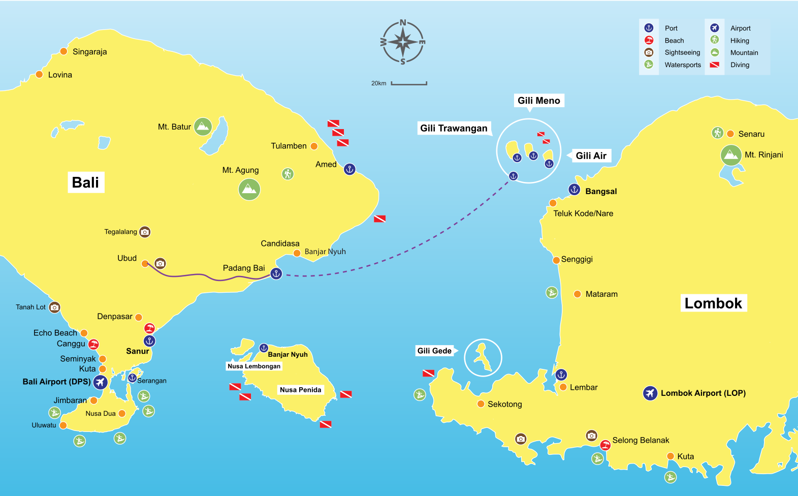 Ubud to Gili Islands map