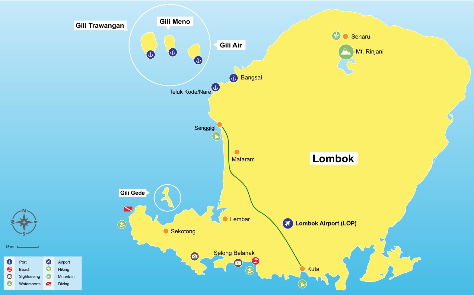 Senggigi to Kuta Lombok Map