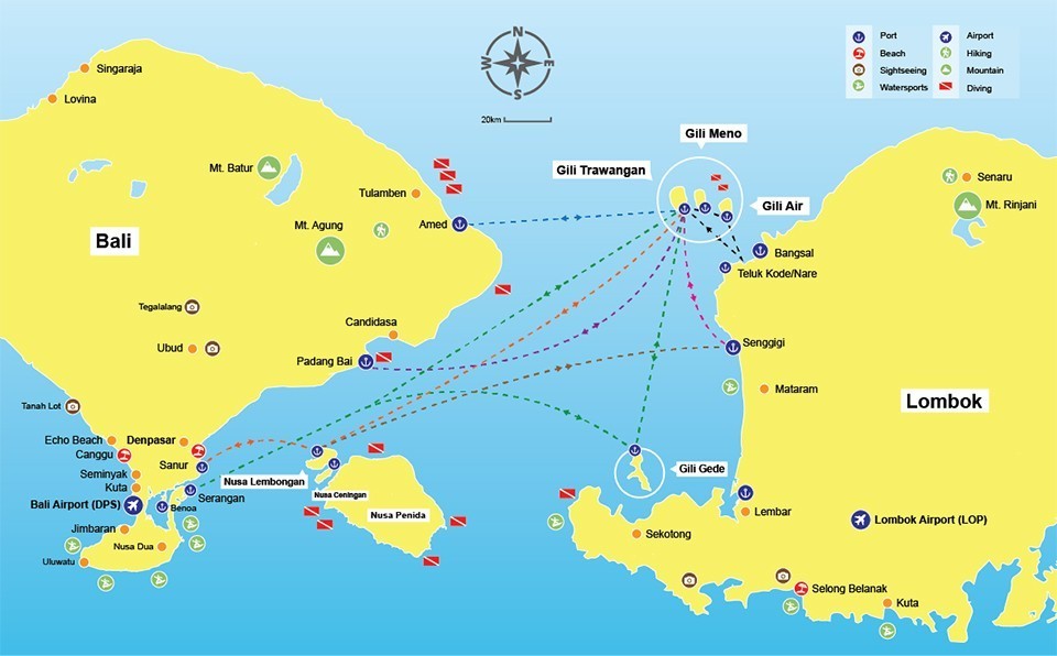 Fast boat routes between Bali and the Gili Islands and the surrounding region