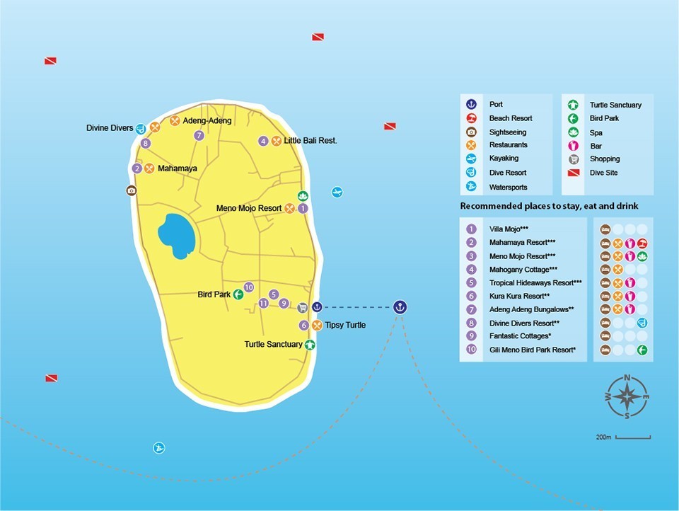 Gili Meno restaurants and things to do map